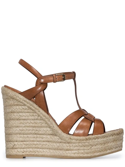 Saint Laurent Tribute Leather Wedge Espadrille Sandals In Brown