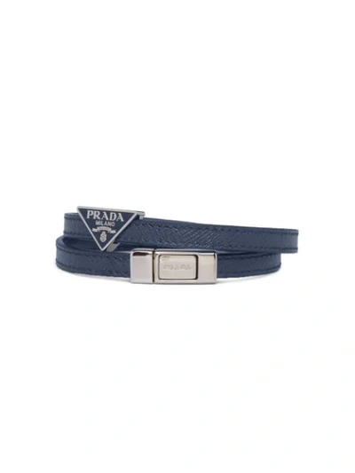 Prada Braided Logo Plaque Bracelet In Baltic Blue