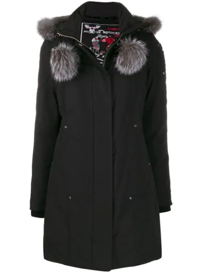 Moose Knuckles Hooded Parka Coat In 310 Black Frost