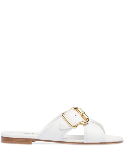 Prada Crossover Buckle Sandals In White