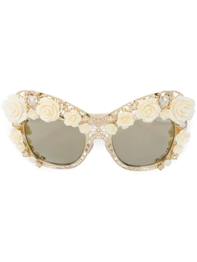 Dolce & Gabbana Gold Tone Rose Lace Cat-eye Sunglasses In Metallic