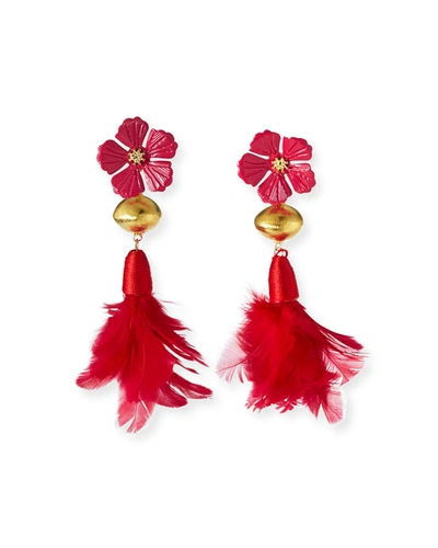 Devon Leigh Hibiscus Feather-drop Earrings In Pink