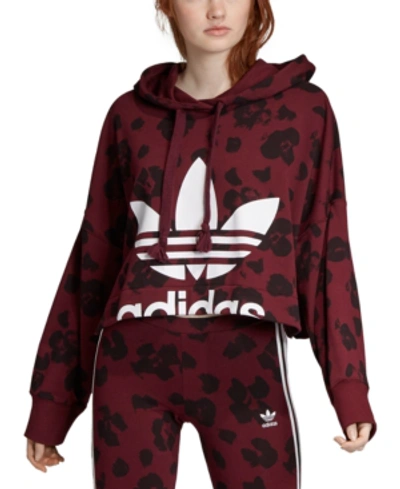 Adidas Originals Bellista Allover Print Crop Hoodie In Maroon/black