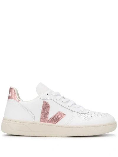 Veja V-10 Extra White And Pink Laminated Sneakers