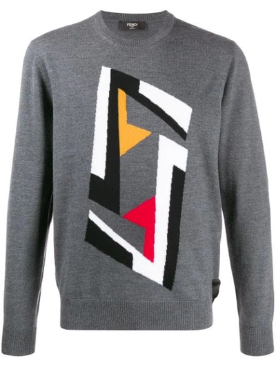 Fendi Futuristic Logo Wool Jacquard Sweater In Grey