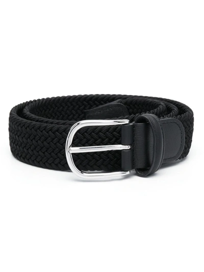 Anderson's 3.5cm Leather-trimmed Woven Elastic Belt In Black