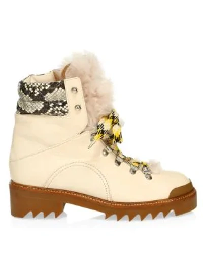 Aquazzura Women's Sierra Lamb Fur-trim Snakeskin & Leather Hiking Boots In Cream