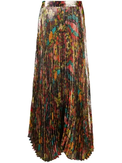 Alice And Olivia Katz Pleated Floral-print Metallic Silk-blend Maxi Skirt In Multi-colour