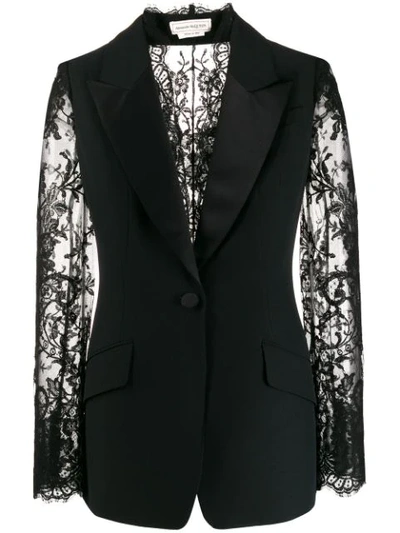 Alexander Mcqueen Satin-trimmed Grain De Poudre And Lace Blazer In Black