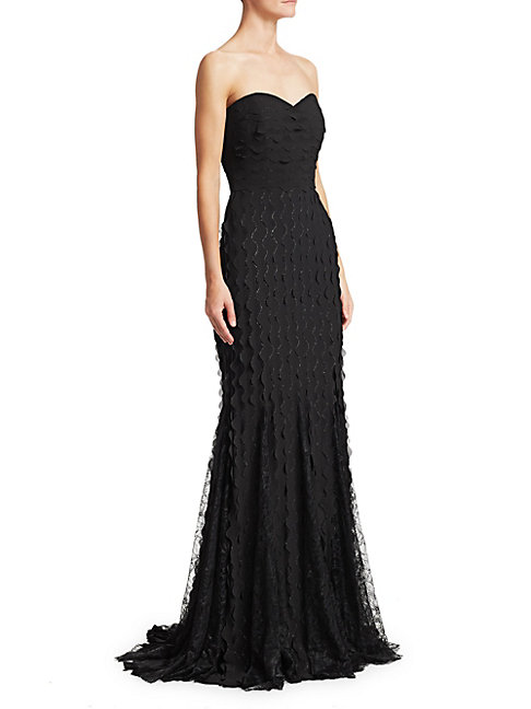 badgley mischka black strapless lace gown