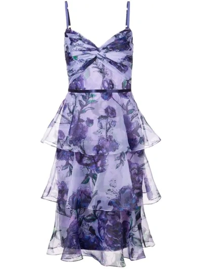 Marchesa Notte Tiered Twist-front Floral-print Organza Dress In Lilac