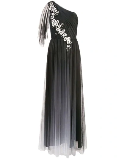 Marchesa Notte One-shoulder Embellished Embroidered Tulle Gown In Black