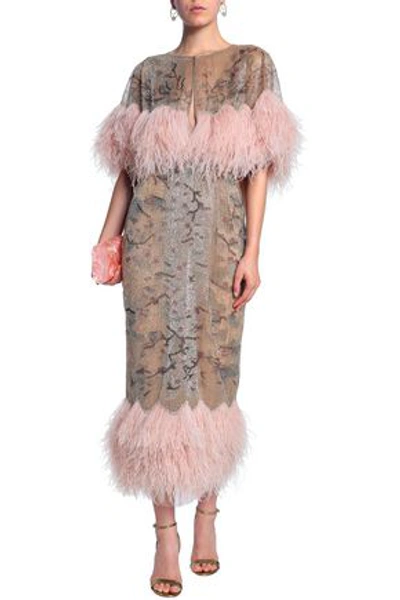 Marchesa Woman Embellished Tulle Midi Dress Beige