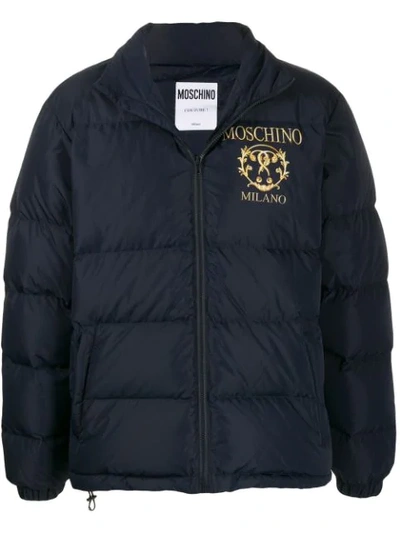 Moschino Funnel-neck Logo-print Padded Jacket In Blue