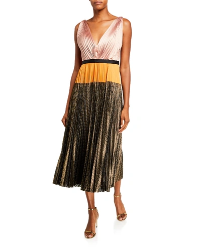 Catherine Deane Colorblock Sleeveless Pleated Midi Dress W/ Metallic Skirt In Multi