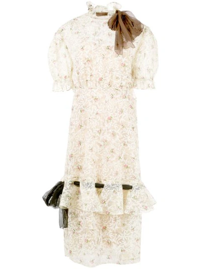 Miu Miu Rose Ramage Print Ruffled Dress In White