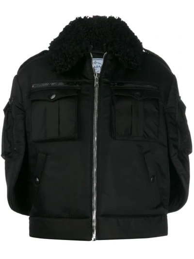 Prada Shearling-collar Bomber Jacket In 002  Balck