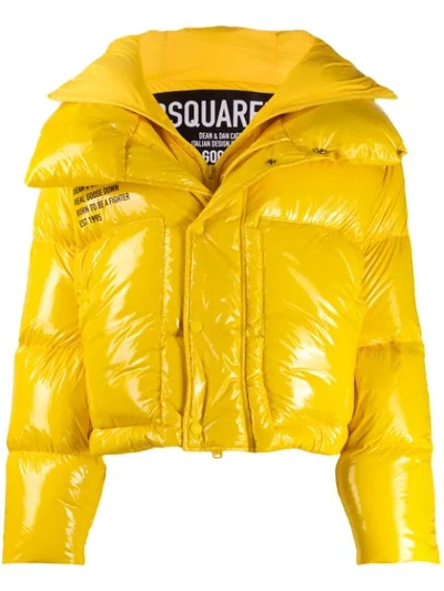 Dsquared2 Front Slogan Detail Padded Jacket In Yellow