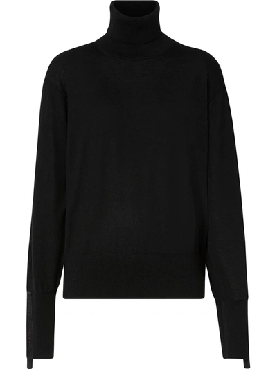 Burberry Oversized Embroidered Canvas-trimmed Merino Wool And Silk-blend Turtleneck Sweater In Black