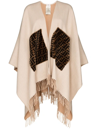 Fendi Fringed Logo Cashmere And Wool Poncho In Neutrals