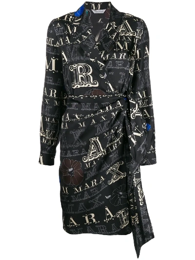 Max Mara Monogram Print Silk Wrap Dress In Schwarz