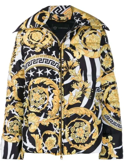 Versace Savage Barocco Print Down Jacket In Black