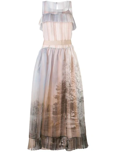 Fendi Printed Pleated Silk Organza Dress, Grey/brown In F03qe