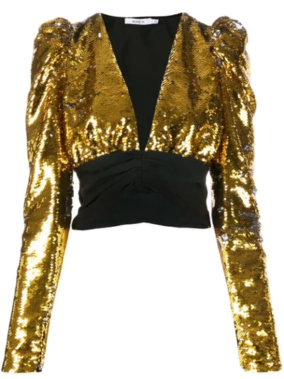 Amen Sequin Plunge Crop Top In Gold