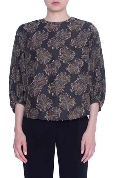 Akris Punto Dessert Flower Jacquard 3/4-sleeve Blouse In Black/ Gold