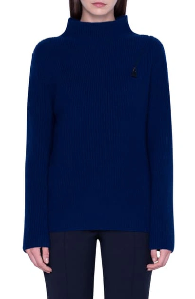 Akris Cashmere Mock-neck Shoulder Zip Sweater In Ink