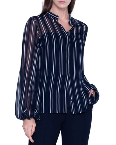 Akris Striped Sheer Silk Button-front Blouse In Blue/white