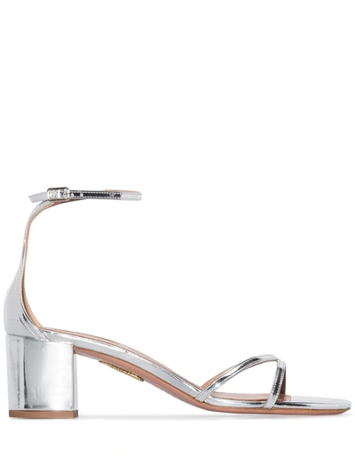 Aquazzura Purist 50 Mirrored-leather Sandals In Silber