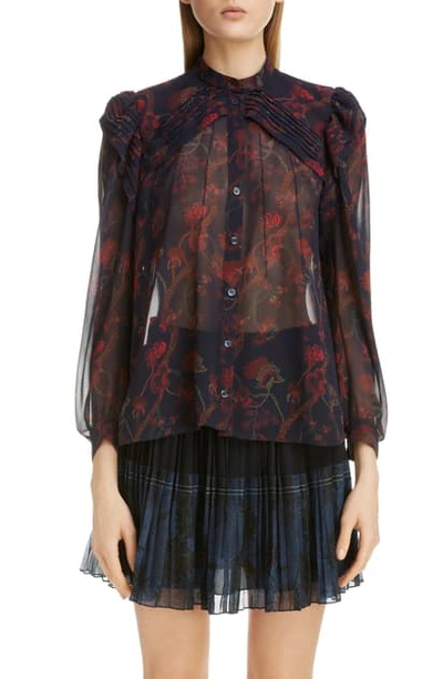 Chloé Floral-print Silk Long-sleeve Blouse In Zb Multicolor Blue