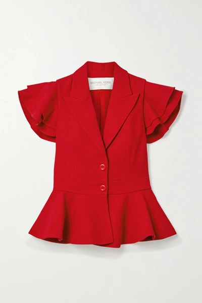 Michael Kors Ruffled Cap-sleeve Peplum Jacket In Crimson