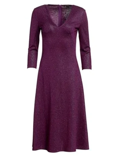 St John V-neck 3/4-sleeve Flared Milano Knit Dress W/ Sequins In Iris