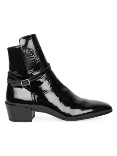 Saint Laurent Men's Clementi 40 Buckle-strap Patent Leather Boots In Black