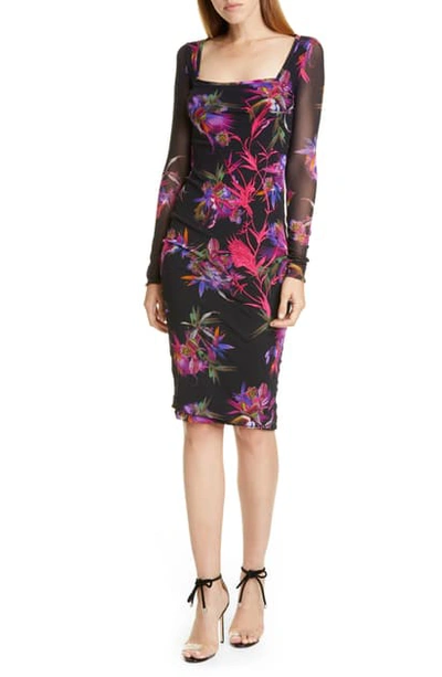 Fuzzi Floral Square-neck Long-sleeve Fitted Dress W/ Embroidery In Nero
