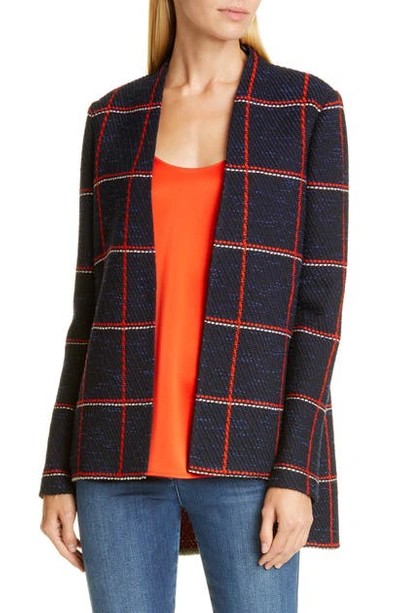 St John Maritime Plaid Knit High/low Jacket In Navy/ Geranium Multi