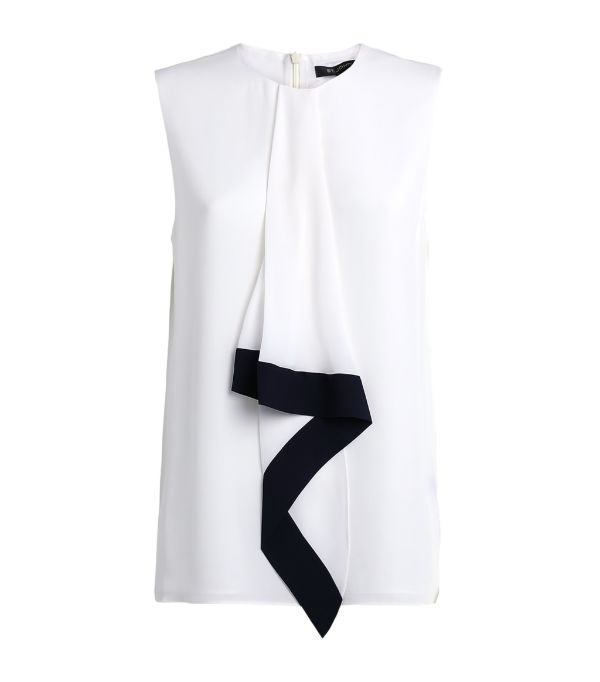 St. John Satin Silk Georgette Sleeveless Blouse In White Navy | ModeSens