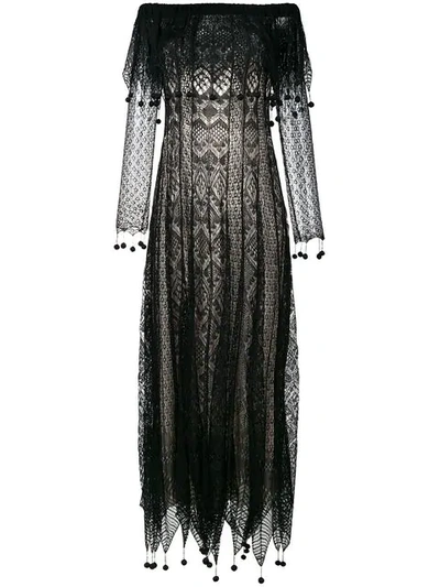 Alexander Mcqueen Off-the-shoulder Pompom-trimmed Silk-lace Maxi Dress In Black