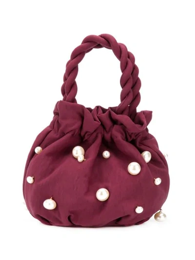 Staud Grace Faux Pearl-embellished Twill Bag In Red