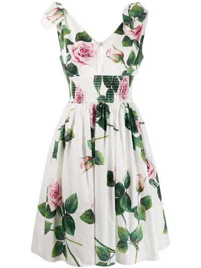 Dolce & Gabbana Rose Print Tie Strap A-line Dress In White
