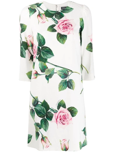 Dolce & Gabbana Rose Print Three-quarter Sleeve Shift Dress In White