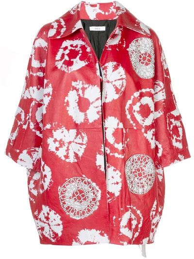 Area Crystal Embellished Tie Dye Print Leather Cocoon Coat In Red