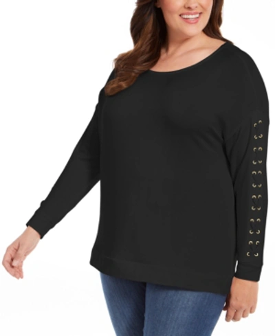 Belldini Plus Size Grommet Lace-up Top In Black/gold