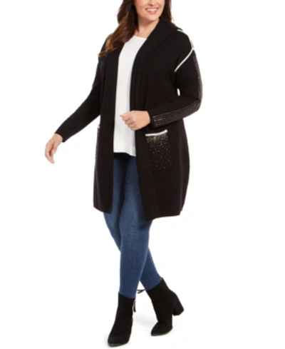 Belldini Plus Size Embellished Hooded Cardigan In Black/white