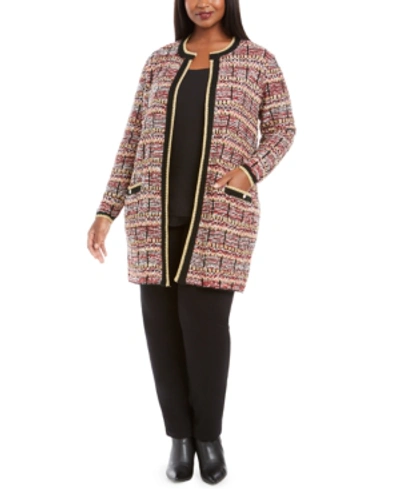 Belldini Plus Size Metallic-threaded Open-front Cardigan In Black/white/red
