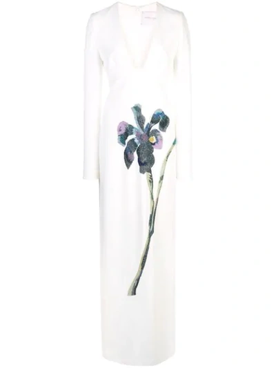 Carolina Herrera Floral Brocade Long Dress In White Multi