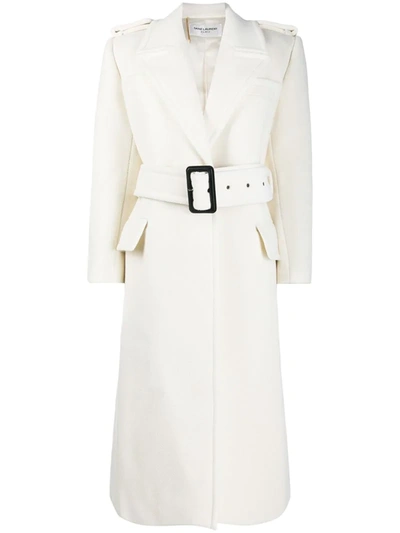 Saint Laurent Oversized Herringbone Belted Coat In White