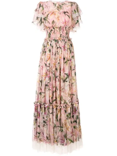 Dolce & Gabbana Ruched Lilies Dress In Pink